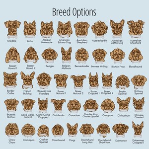 May include: A chart of dog breeds with illustrations of each breed. The chart includes breeds such as Airedale, Akita, Alaskan Malamute, American Eskimo Dog, Anatolian Shepherd, Aussiedoodle, Australian Cattle Dog, Australian Shepherd, Basset Hound, Beagle, Belgian Malinois, Bernedoodle, Bernese Mountain Dog, Bichon Frise, Bloodhound, Border Collie, French Bulldog, Bouvier des Flandres, Boxer, Boykin Spaniel, Brittany Spaniel, Brussels Griffon, Cane Corso, Catahoula, Cavachon, Cavalier King Charles Spaniel, Cavapoo, Chihuahua, Chinese Crested, Chow Chow, Cockapoo, Cocker Spaniel, Coonhound, Corgi, Dachshund, Dalmatian, and Doberman.