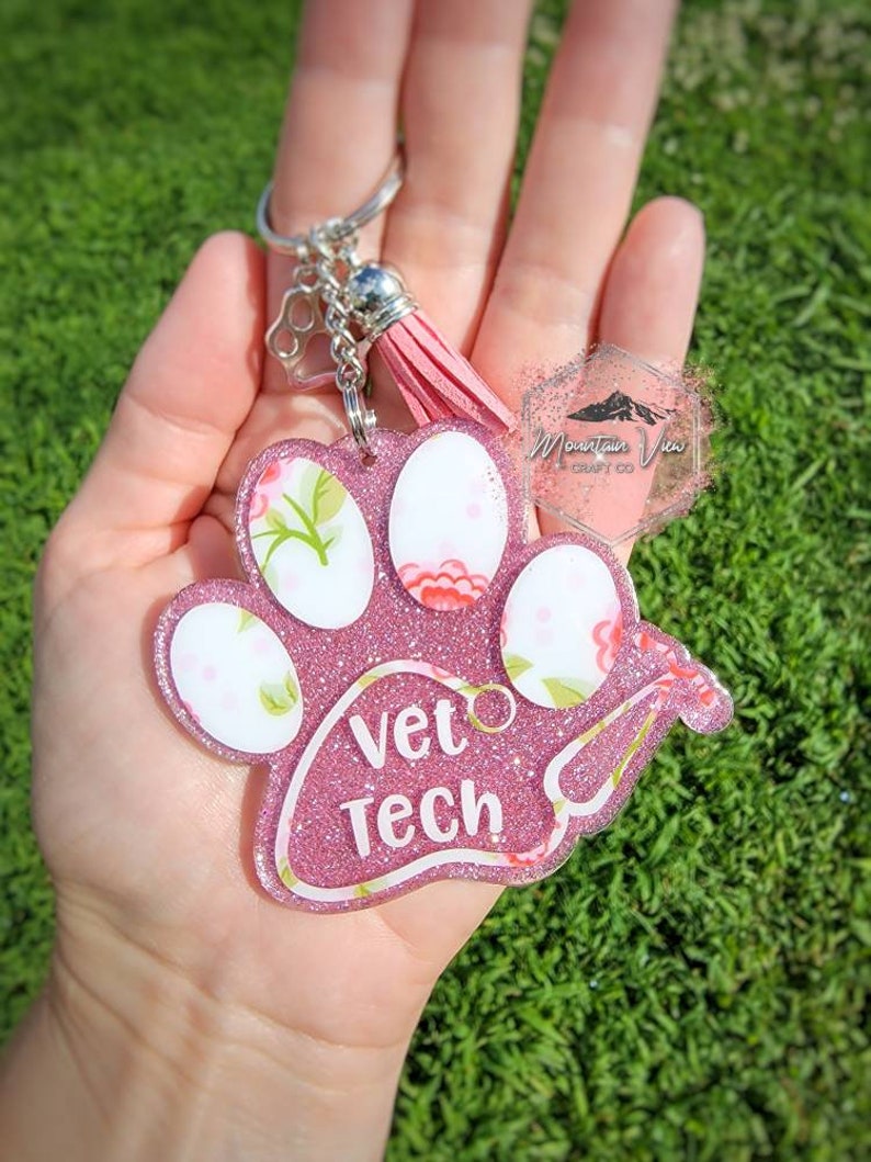Customizable Vet Tech Glitter Keychain Paw Print Keychain Etsy