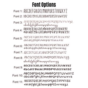 May include: A list of 11 different font styles, labeled Font 1 through Font 11. Each font style is shown in both uppercase and lowercase letters.
