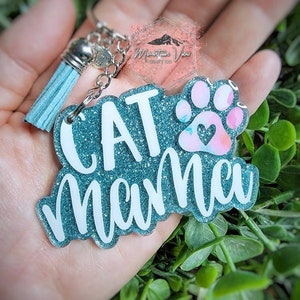 Customizable Cat Mama Glitter Keychain, Cat Mama Keychain, cat mom keychain, cat mom gifts, cat accessories