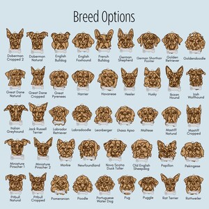May include: A chart of different dog breeds, illustrated in a cartoon style. Each breed is labelled with its name, and some breeds have variations, such as "cropped" or "natural".