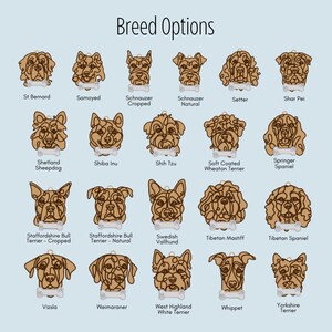 May include: A chart of dog breeds with illustrations of each breed's head. The breeds include St. Bernard, Samoyed, Schnauzer Cropped, Schnauzer Natural, Setter, Shar Pei, Shetland Sheepdog, Shiba Inu, Shih Tzu, Soft Coated Wheaten Terrier, Springer Spaniel, Staffordshire Bull Terrier - Cropped, Staffordshire Bull Terrier - Natural, Swedish Vallhund, Tibetan Mastiff, Tibetan Spaniel, Vizsla, Weimaraner, West Highland White Terrier, Whippet, and Yorkshire Terrier.