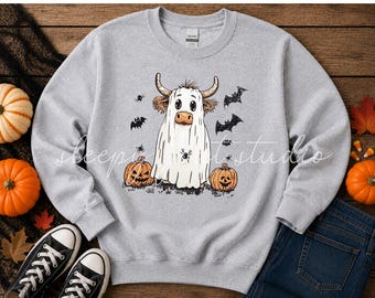 Halloween Ghost Cow Graphic T-Shirt, Halloween Farm Shirt/Sweatshirt, Cute Cow Halloween Tee