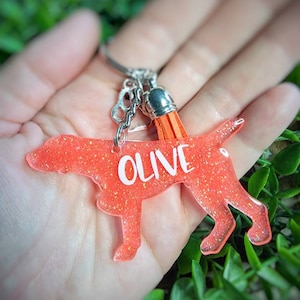 Peut inclure: Un porte-clés en forme de chien rose pailleté avec le nom "OLIVE" écrit en blanc. Le porte-clés est doté d'une chaîne argentée et d'un pompon rose.