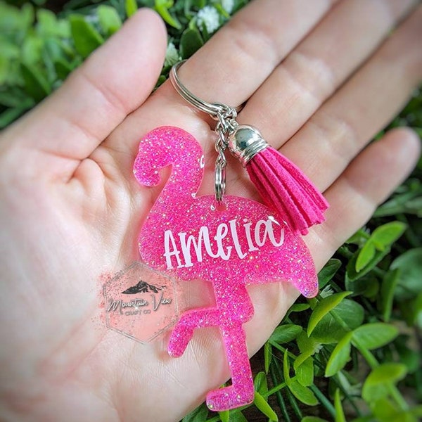 Customizable Flamingo Glitter keychain, personalized flamingo keychain, personalized flamingo gifts, flamingo accessories