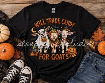 Funny Halloween Goat Shirt, Will Trade Candy For Goats Tee, Goat Halloween Hoodie, Sweatshirt, Long Sleeve Tee