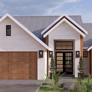 Può includere: Vista esterna di una casa moderna con facciata in mattoni chiari e porta del garage in legno marrone. La casa presenta un tetto di scandole grigie, finestre con cornici nere e una parete in legno. Paesaggio con piccoli alberi e cespugli.