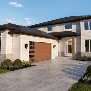 May include: A modern two-story house with a light-colored exterior, dark roof, and a wooden garage door. The house has large windows, a concrete driveway, and is surrounded by green grass and landscaping. The sky is blue with some clouds.