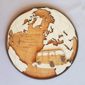 Mapa del mundo de madera ideal para decorar una furgoneta camper o un mono volkswagen