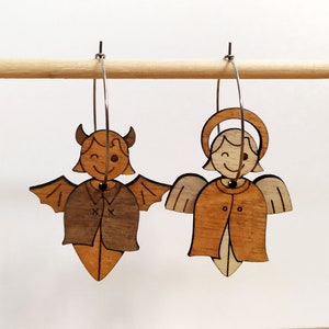 Angel and demon earrings, in wood and stainless steel, mismatched, original and funny gift idea