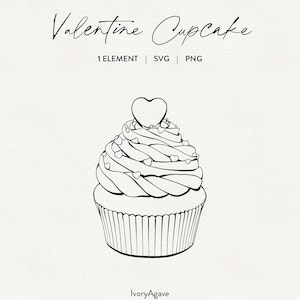 Valentine&#39;s Day Heart Cupcake Line Art Clipart Handdrawn Modern Graphic Illustration Fine Line Outline Elements PNG SVG