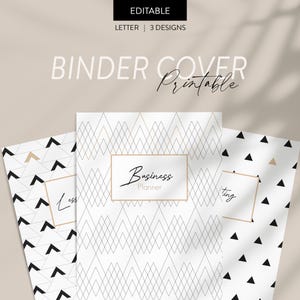 May include: Three printable binder cover designs in letter size. The designs feature geometric patterns in black and white with gold accents. The text "Business Planner" is included in one of the designs.
