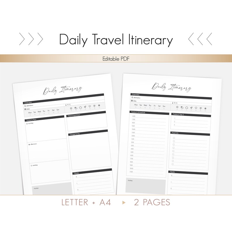 Daily Travel Itinerary Planner Printable Editable PDF Letter - Etsy
