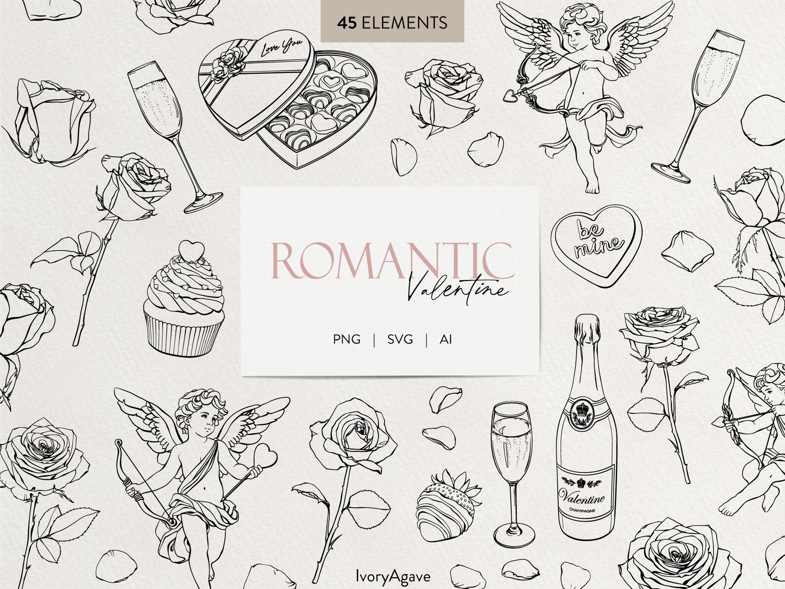 Romantic Valentine's Day Line Art Clipart Handdrawn Modern Graphic ...