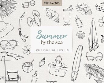 Summer Beach Line Art Drawing: Hand Drawn Illustration (PNG SVG)