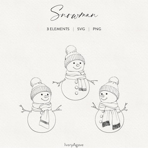 Snowman Line Art Clipart | Modern Winter Christmas Holiday Hand Drawn Vector | Fine Line Outline Graphic Elements | PNG SVG