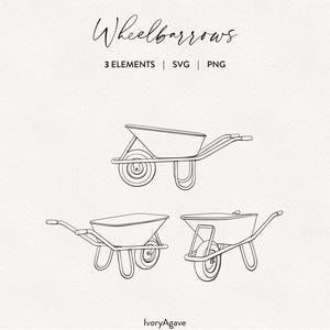 Op de afbeelding: Drie lijntekeningen van kruiwagens. De kruiwagens worden vanuit verschillende hoeken getoond. De tekeningen zijn in zwart-wit.