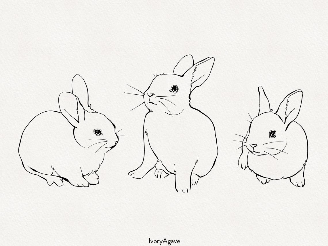 Cute Baby Bunnies Line Art Clipart Modern Spring Easter Hand Drawn ...