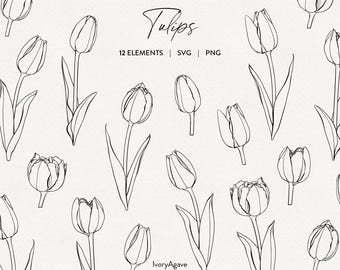 Tulp bloemen lijntekeningen clipart moderne lente Pasen bloemen handgetekende vectorillustratie fijne lijn overzichtselementen PNG SVG