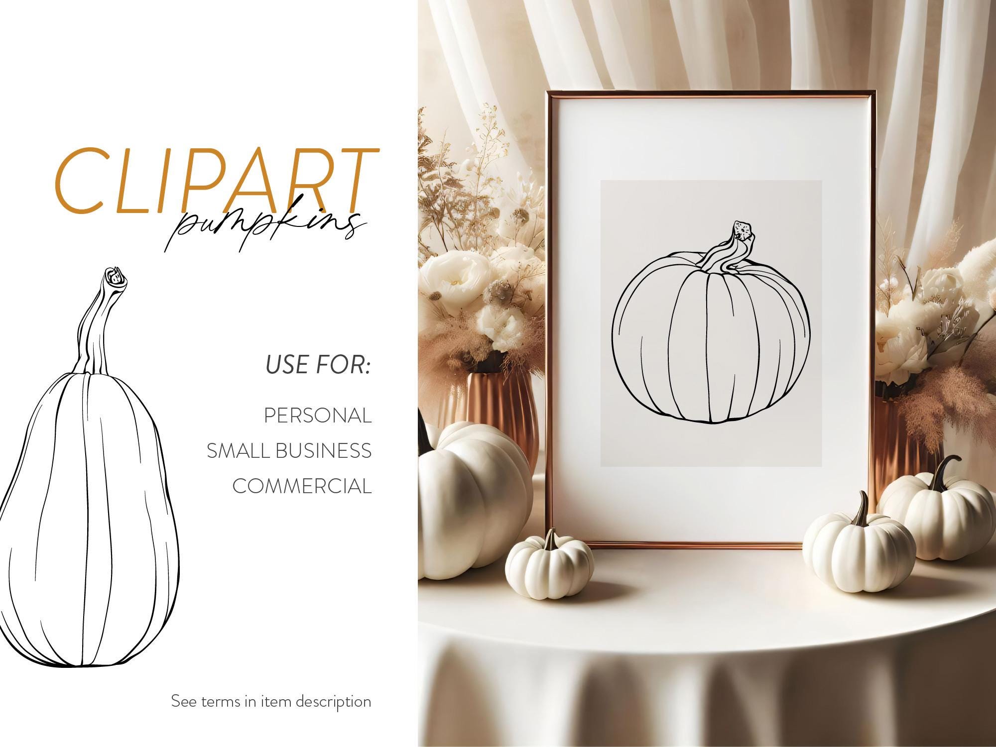 Fall Pumpkins Line Art Clipart | Hand Drawn Vector | Autumn Fine Line ...