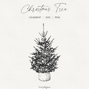 May include: A black and white line drawing of a Christmas tree in a pot. The tree is decorated with baubles. The text "Christmas Tree" is above the image and the text "IvoryAgave" is below the image.