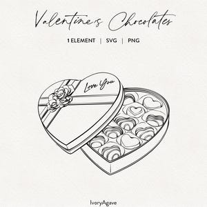 Valentine&#39;s Day Chocolates Heart Box Line Art Clipart Modern Hand Drawn Graphic Illustration Fine Line Outline Elements PNG SVG