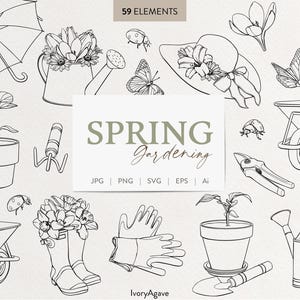 Spring Gardening Line Art Illustration Modern Graphic Spring Garden Hand Drawn Vector Fine Line Outline Clipart Elements PNG SVG