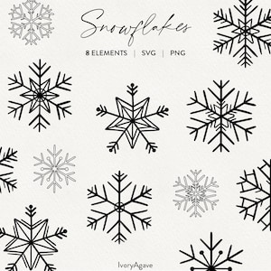 Snowflakes Line Art Clipart | Modern Winter Christmas Holiday Hand Drawn Vector | Fine Line Outline Elements | PNG SVG