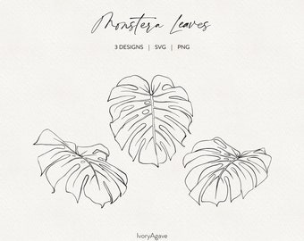 Monstera Line Art Clipart | Summer Tropical Leaves Botanical Hand Drawn SVG PNG | Minimal Fine Line Outline Art |  Commercial Use