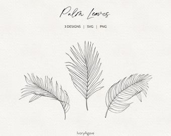 Palm Leaf Line Art Clipart | Summer Tropical Botanical Leaves Hand Drawn SVG PNG Clipart | Minimal Fine Line Outline Art |  Commercial Use
