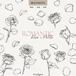 Puede incluir: Un conjunto de 34 dibujos en blanco y negro de rosas y pétalos de rosa. Los dibujos son simples y elegantes, y serían perfectos para usar en una variedad de proyectos creativos.