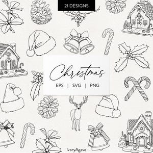 Christmas Bundle Line Art Clipart Line Drawing | Winter Holiday Hand Drawn SVG PNG Clipart | Minimal Fine Line Outline Art |  Commercial Use