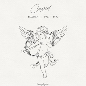 Valentine&#39;s Day Love Cupid Line Art Clipart Handdrawn Modern Graphic Illustration Fine Line Outline Elements PNG SVG