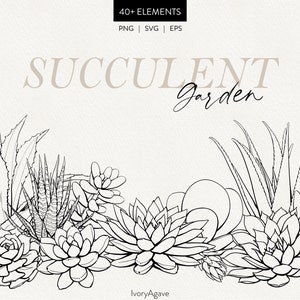 Succulent Garden Line Art Clipart | Summer Botanical Flower Hand Drawn SVG PNG Vector | Minimal Fine Line Outline Art | Commercial Use