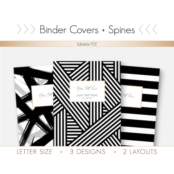Binder Cover Printable, Minimalist, Mid Century, Editable PDF, Black, Letter