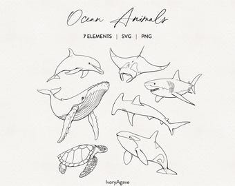 Desenho de animais marinhos em estilo linear: Ilustração desenhada à mão (PNG SVG)