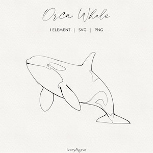 May include: A minimalist line drawing of an orca whale. The image features the text "Orca Whale" in a script font, along with "1 ELEMENT | SVG | PNG". The whale is depicted in black lines against a cream background.