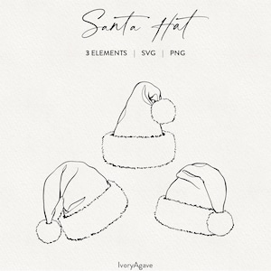 Christmas Santa Hat Line Art Clipart | Winter Holiday Hand Drawn SVG PNG Digital Graphic | Minimal Fine Line Outline Art