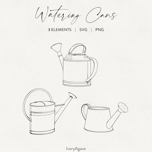 Watering Cans Line Art Clipart Modern Spring Garden Tools Hand Drawn Vector Illustration Fine Line Outline Elements PNG SVG