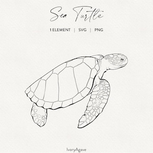 May include: A black and white line drawing of a sea turtle. The turtle is shown in profile, with its head and flippers visible. The text "Sea Turtle" is at the top, with "1 ELEMENT | SVG | PNG" below it. The artist's name, "IvoryAgave", is at the bottom.