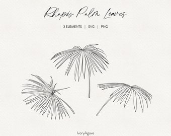 Rhapis Palm Leaf Line Art Clipart | Summer Tropical Botanical Leaves Hand Drawn SVG PNG | Minimal Fine Line Outline Art |  Commercial Use