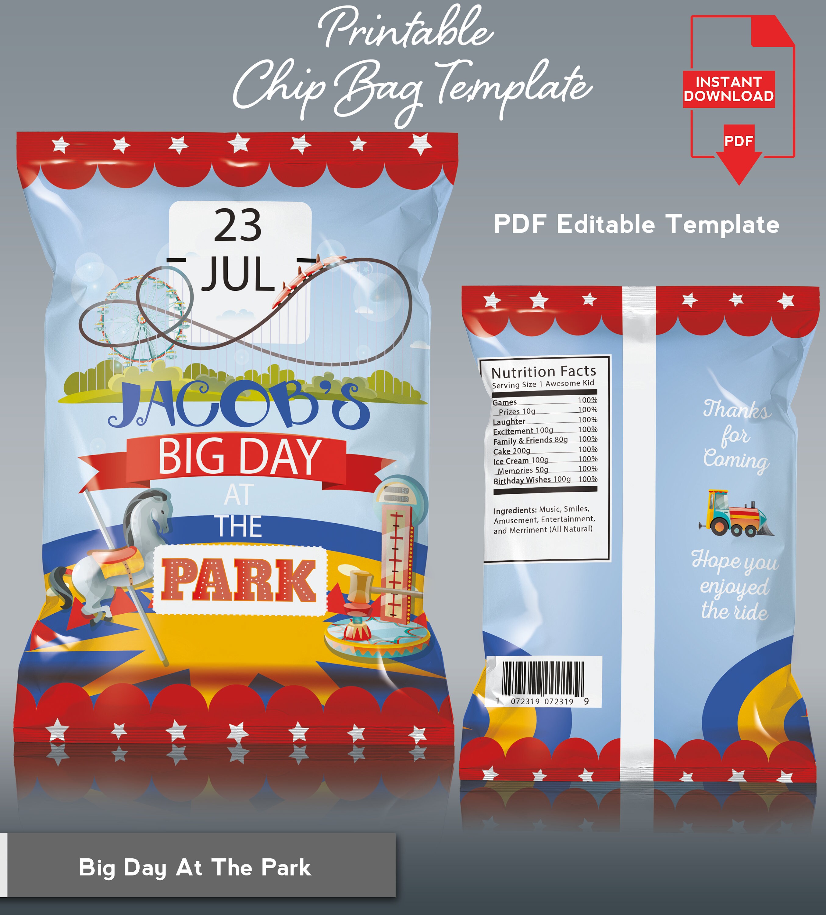 Printable Chip Bag Amusement Park Theme Birthday Party - Etsy