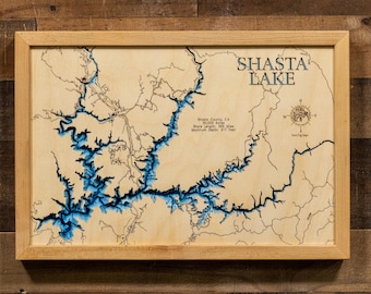 Shasta Lake, California - 3D Wood Map – Custom Lake Art, Bathymetric & Topographic Wall Decor
