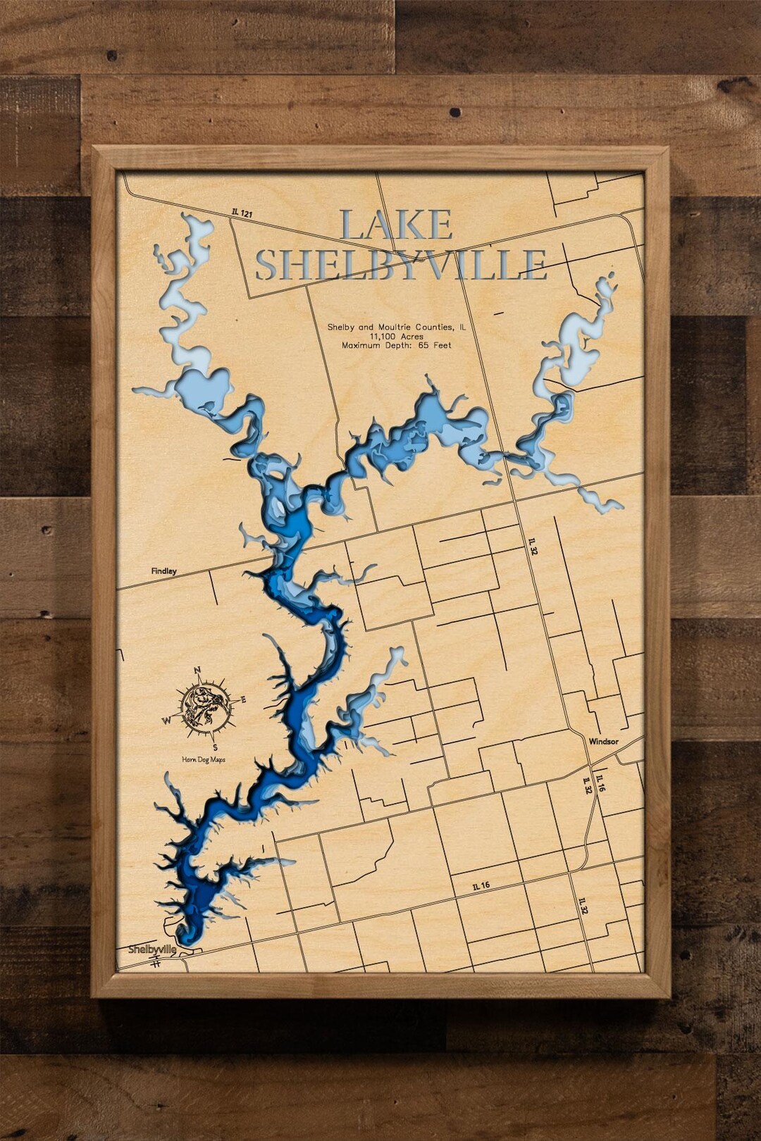 Lake Shelbyville Illinois 3D Wood Map Custom Lake Art Bathymetric Il Tv3m 