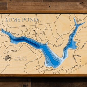 May include: Wooden framed map of Lums Pond in New Castle County, DE. The map features a detailed, layered blue and white depiction of the pond's depth, with surrounding roads and trails. The text "Lums Pond" is at the top.