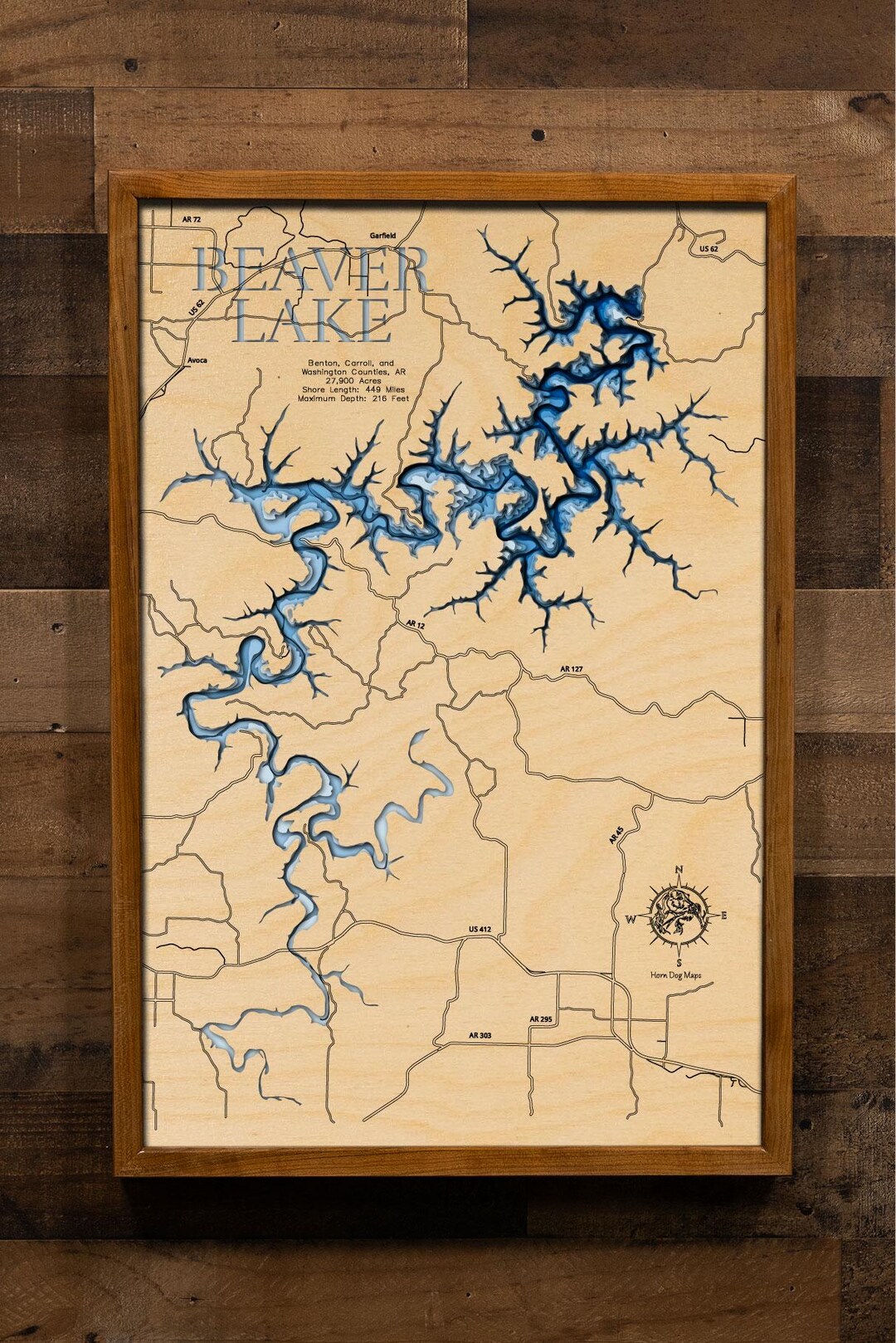 Beaver Lake, Arkansas - 3D Wood Map – Custom Lake Art, Bathymetric