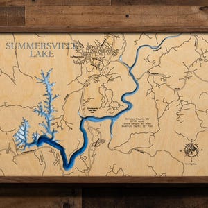 May include: A framed wooden map of Summersville Lake, West Virginia, with a detailed blue depiction of the lake and surrounding areas. The map includes text indicating the lake's name, location, and dimensions. The frame is dark brown.