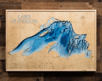 Laser Cut 3D Lake Map of Lake Superior - Personalized Wood Art - Custom Lakehouse Decor - High Definition - 15 Layers