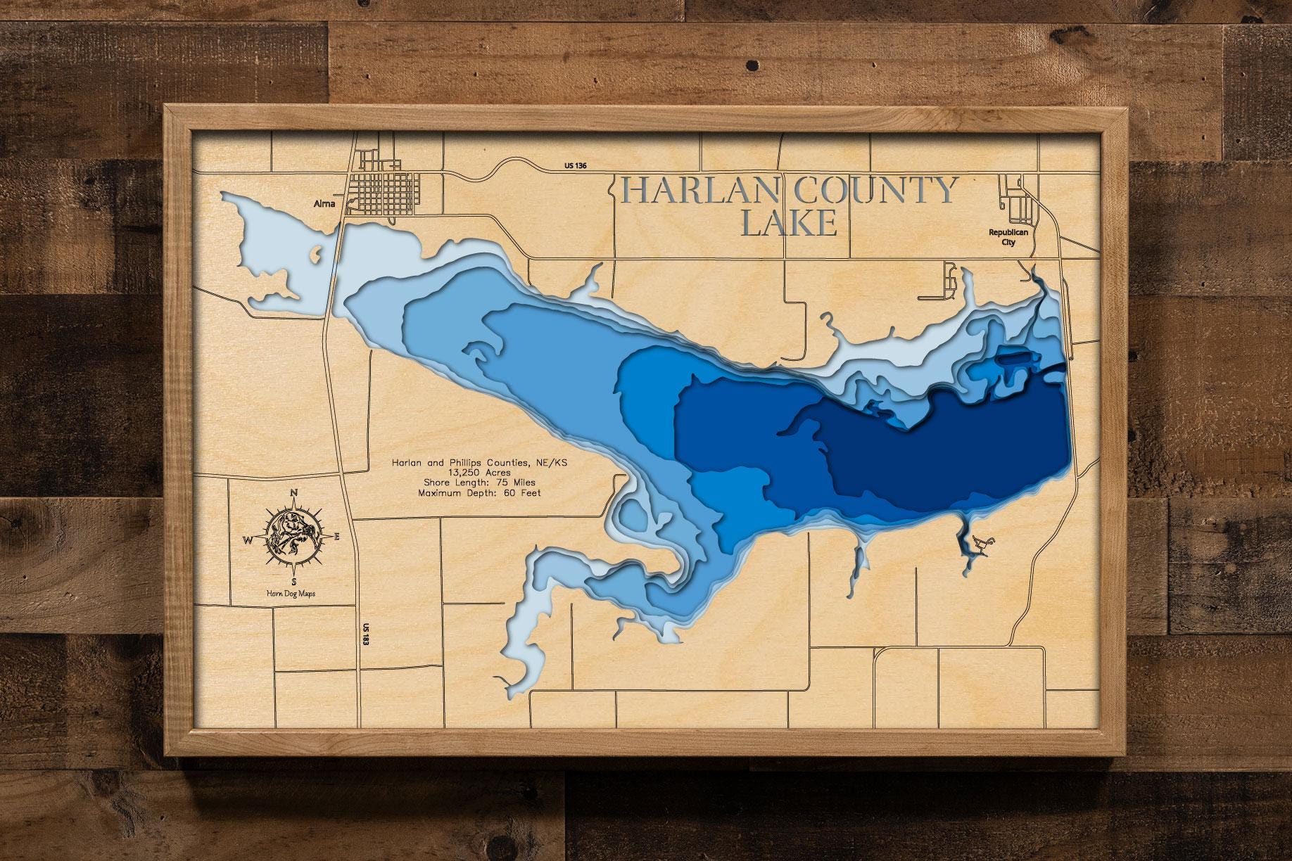 Harlan County Lake Nebraska Wood Map: 3D Topographic Lake Art