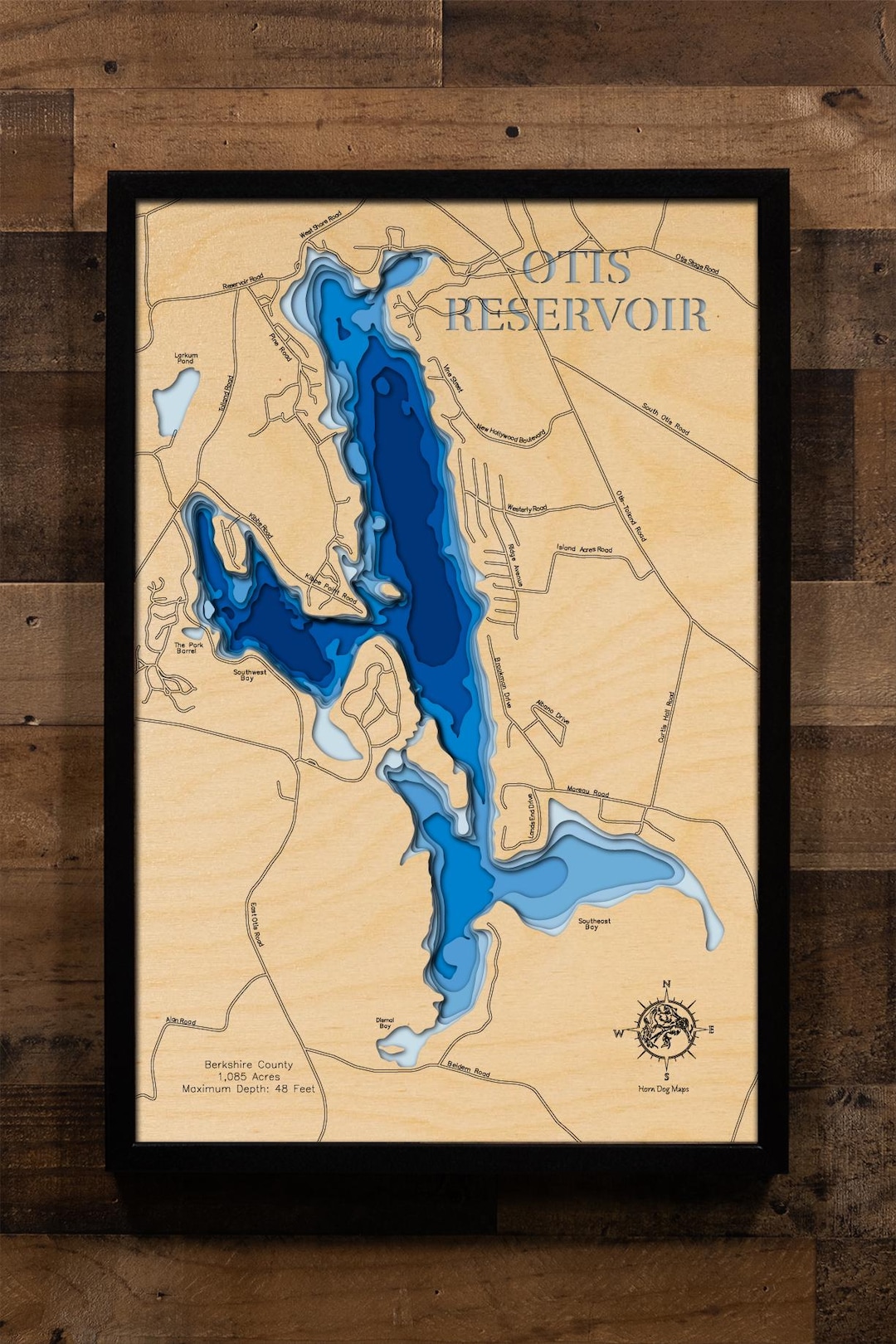 Otis Ridge Map Otis Reservoir, Massachusetts - 3D Wood Map – Custom Lake Art ...